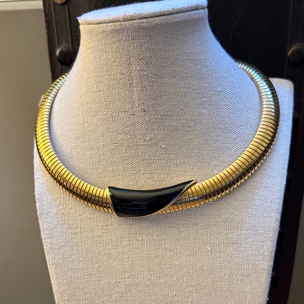 Monet Gold Plated Omega Chocker Necklace with Black Enamel Accent. Circa 1980’s.